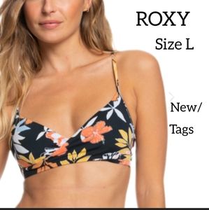 ROXY WRAP BRALETTE BIKINI TOP FLORAL PRINT BLACK YELLOW ORANGE COLOR  SIZE L NEW